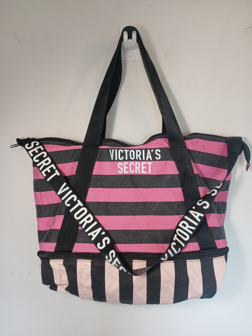 Victoria's Secret Black and Pink Striped Tote with Logo Strap